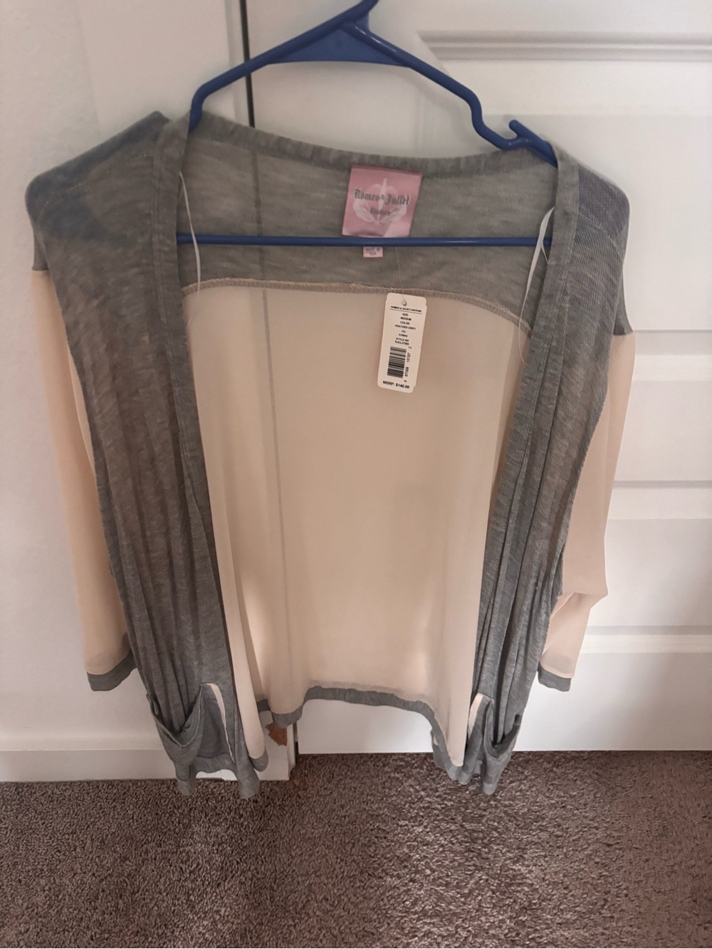 Romeo & Juliet Couture Gray and Cream Open-Front Cardigan